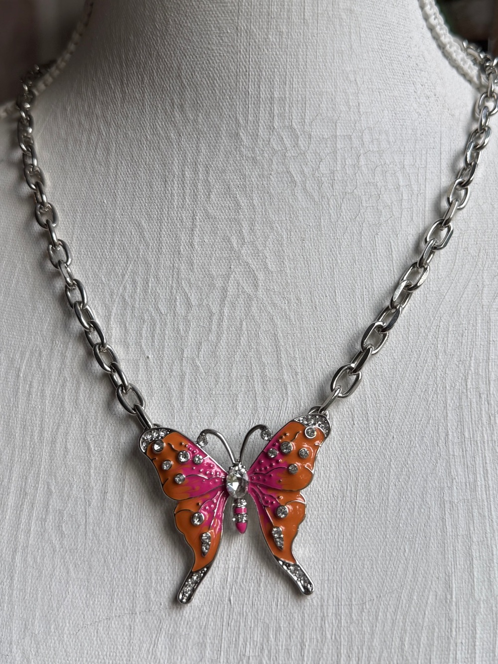 Vintage Style Colorful Enamel Butterfly Link Chain Necklace Accent Crystals